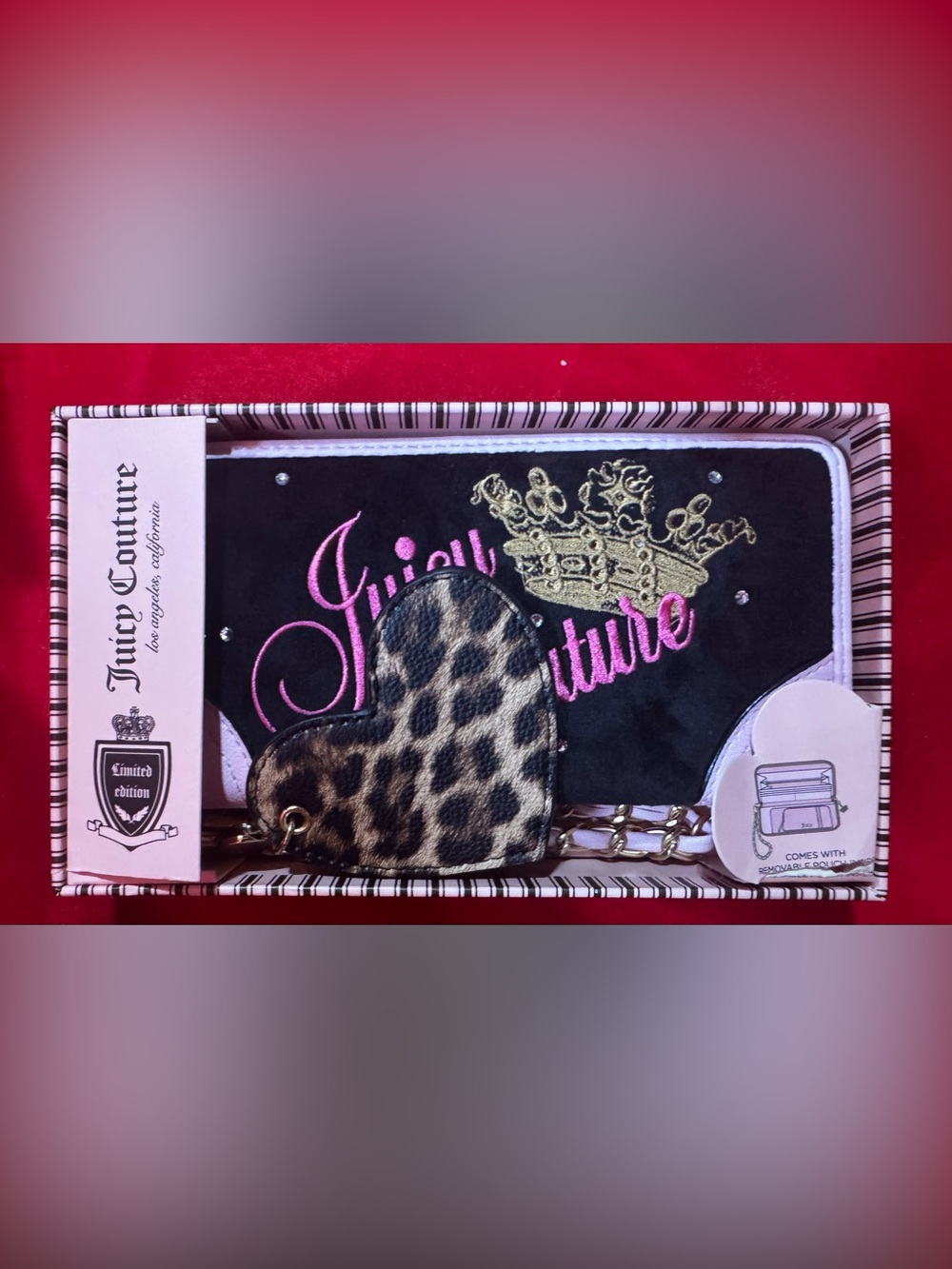 Juicy Couture Black Wallet with Pink Logo and Leopard Heart Keychain